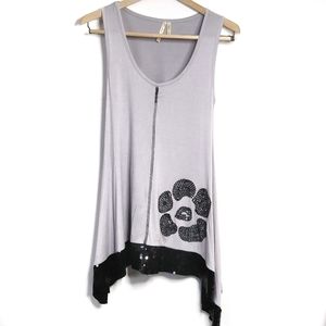 HELLO MISS tunic top grey with black sequin details and flower on front